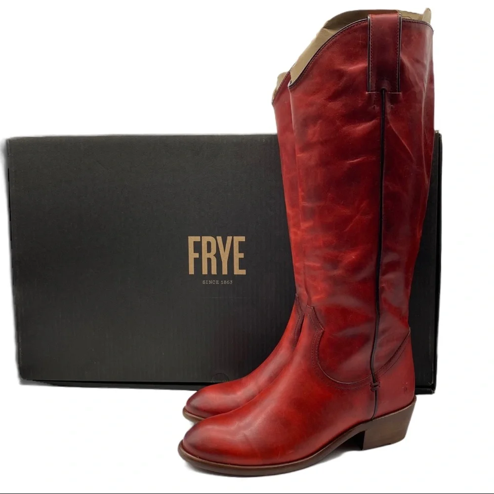 NEW Frye Carson Leather Pull On Heeled Tall Riding Boot in Crimson Red Size 6 - Picture 1 of 12